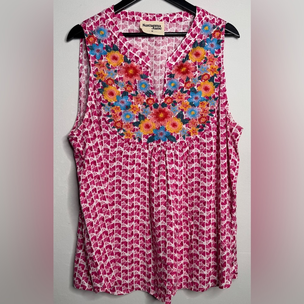 Savanna Jane Pink‎ Floral Embroidered Sleeveless Blouse